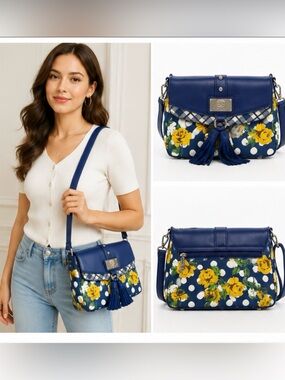 NEW Sharif NewYork Crossbody Bag Floral Polka Dot Tassel Handbag Navy BlueYellow